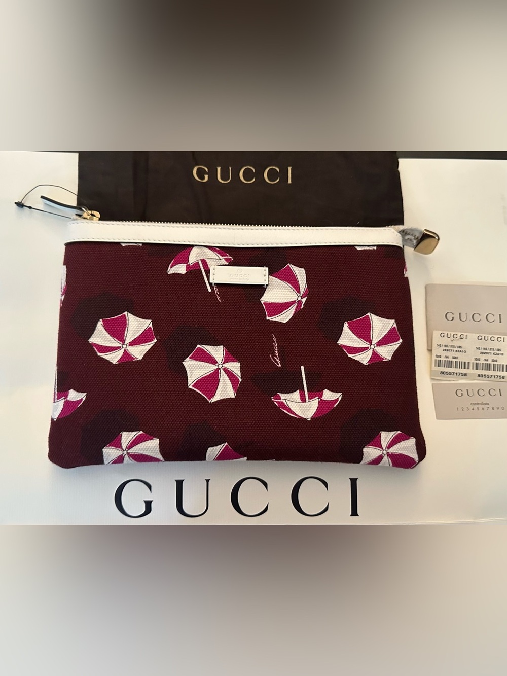 Gucci Canvas and Leather Clutch Pouch with Summer Umbrella Design